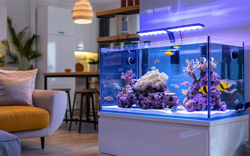 Modern home living room featuring a vibrant reef aquarium tank.