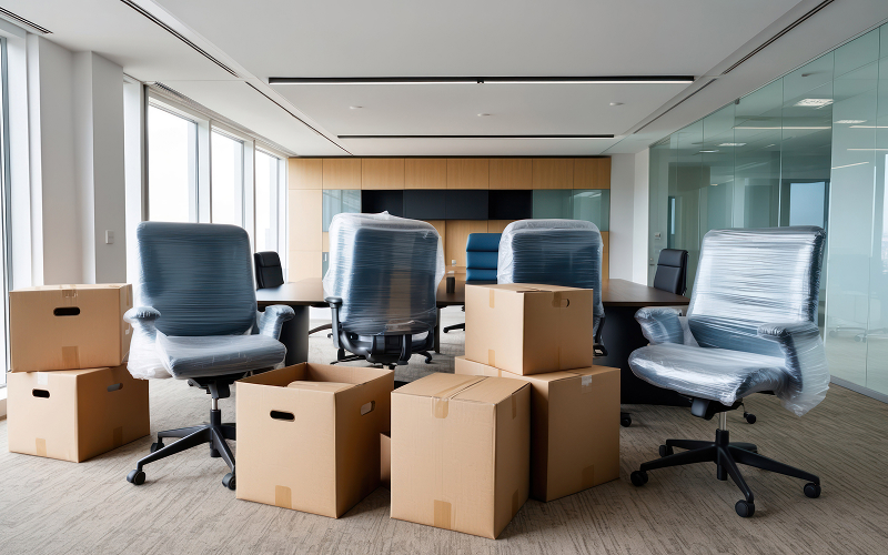 Wrapped chairs and moving boxes packed for office relocation.